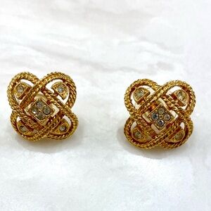 Vintage Avon Gold Tone Knot Stud Earrings with Clear Stones
